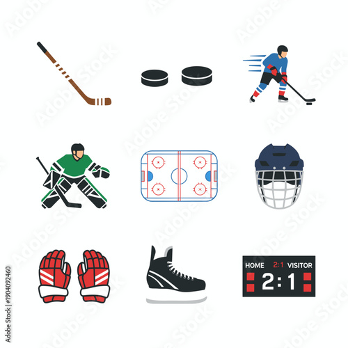 Ice hockey equipment and players in action scenes