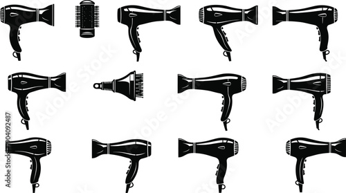 Black hair dryer silhouette vector set featuring various blow dryer icons and salon accessories isolated on white background for beauty design