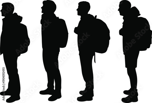 Hiker silhouette standing with backpack, traveler side view poses, outdoor adventure people set, black shadow illustration, isolated white background