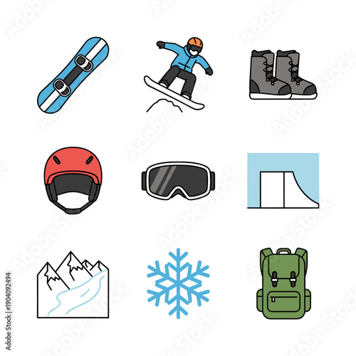 Snowboarder gear and mountain icons for winter sports enthusiasts