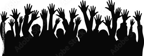 Crowd silhouette raising hands, people cheering together, celebration and support concept, black shadow illustration, isolated on white background