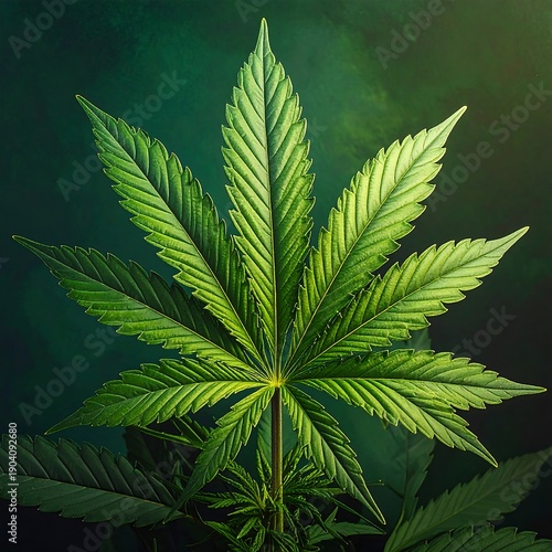 Up-close view of a vibrant green cannabis leaf against a blurred deep green background, showcasing texture and detail