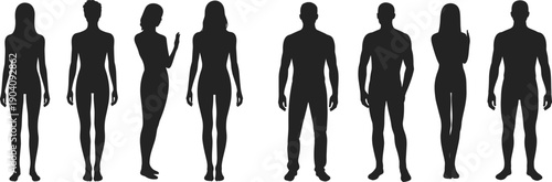 Human silhouette collection with male and female figures standing in different poses, front side views, realistic body shapes vector