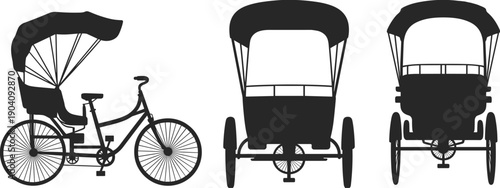 Cycle rickshaw silhouette collection showing side front back views, traditional Asian transport vehicle, urban street transportation vector illustration set