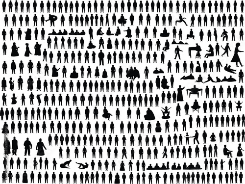 Huge people silhouettes collection, diverse human figures in many poses, men women children activities, crowd lifestyle concept, black isolated set
