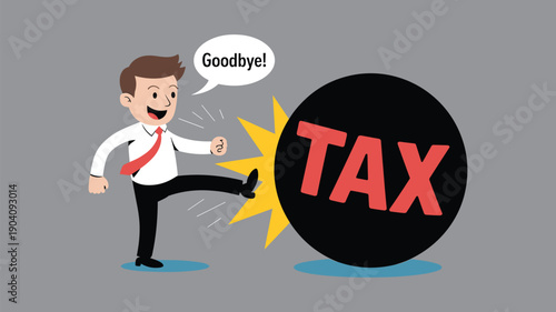 Successful Businessman Kicking Away Large Heavy Black Tax Weight Concept of Financial Freedom and Tax Relief