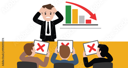 Stressed Businessman Giving Presentation with Declining Graph and Disappointed Audience Showing Red Cross Marks