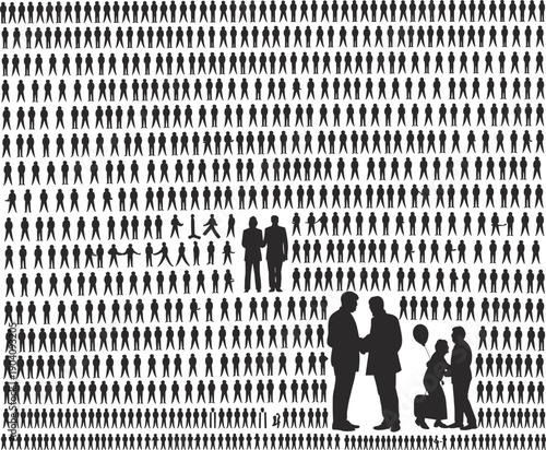 Huge people silhouettes grid illustration, thousands human figures with family scenes, population crowd diversity concept, social society background, black isolated