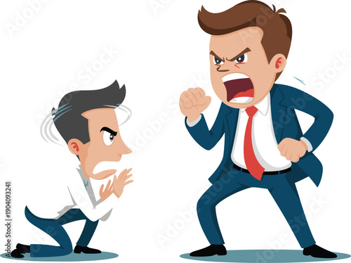 Furious Businessman Shouting and Intimidating Scared Coworker Vector Illustration - Abusive Management and Workplace Harassment Concept
