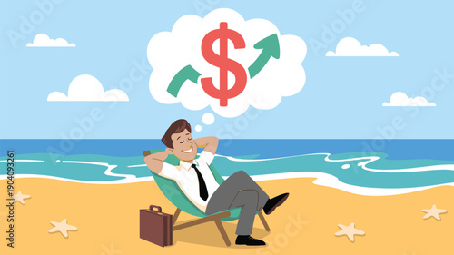 Relaxed Businessman on Beach Vacation Dreaming of Increasing Profits and Passive Income Vector Illustration - Financial Freedom Concept