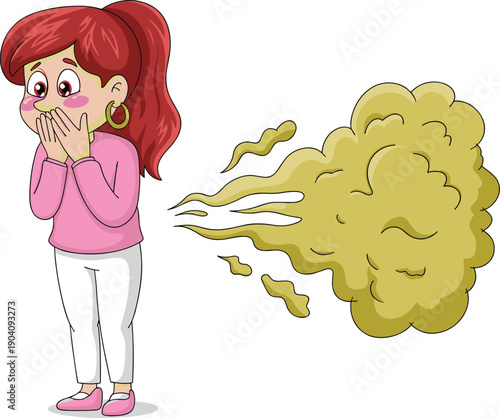 Embarrassed Young Woman Blushing and Covering Mouth After Farting with Yellow Stink Cloud Vector Illustration - Hygiene and Social Awkwardness Concept