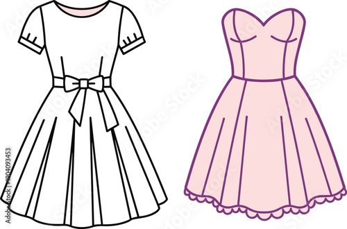 Dress illustration, fashion vector, sweetheart neckline, round neck, bow detail, pleated skirt, scalloped hem, strapless, short sleeves, elegant, stylish, clothing design, garment sketch,