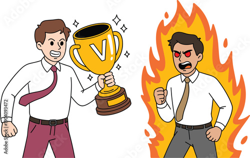 Angry Businessman Envious of Coworker Winning Victory Trophy Vector Illustration - Workplace Rivalry and Competition Concept