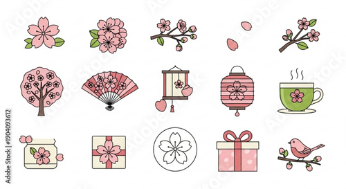 Cherry blossom icons set with gift boxes tea and lanterns on white background