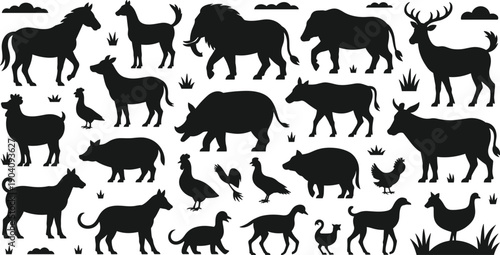 Farm and wildlife animal silhouettes vector set, isolated white background black rural mammals birds flat nature illustration collection