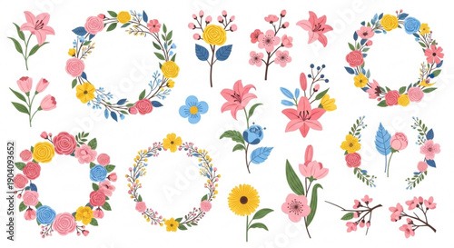Colorful floral wreaths and flowers on white background for decoration
