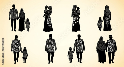 Silhouettes of Families in Traditional Clothing Holding Hands.