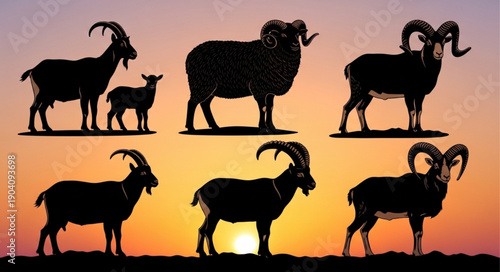 Silhouette of various goats and sheep against a sunset sky.