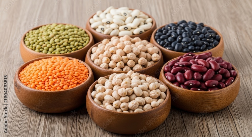Fototapeta premium Assortment of dried legumes in wooden bowls, arranged on a light wood surface