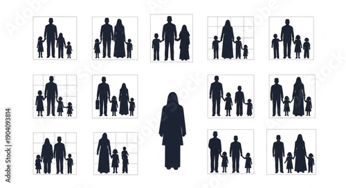 Silhouettes of Diverse Families Standing Together in Various Poses.