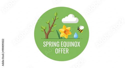 Spring equinox offer graphic with blooming flower and bee on green background