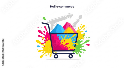 Vibrant holi shopping cart with colorful powder and splashes