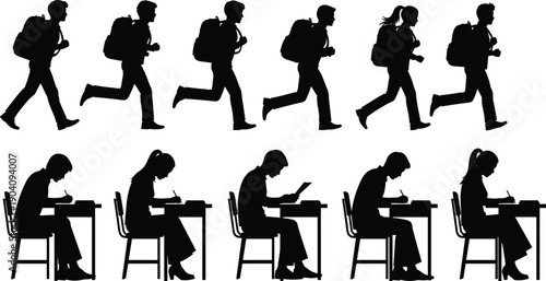 Silhouette sequence of students running and studying, education concept illustration showing motion, learning, academic growth and youth lifestyle development journey