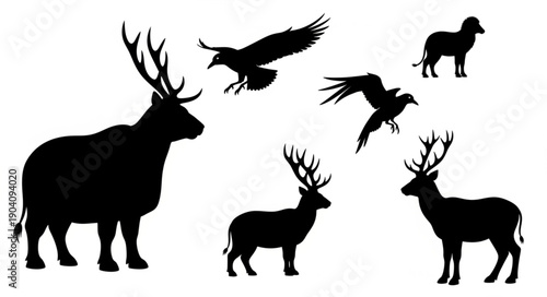 Silhouettes of Deer and Birds in Various Poses.