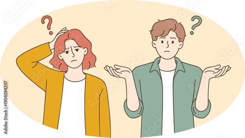 Confused Young Couple with Question Marks Shrugging Shoulders Vector Illustration - Uncertainty and Choice Concept