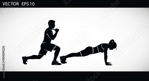 Silhouettes of a man and woman exercising together indoors.