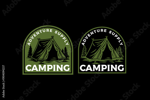 Camping tent with pines retro badge logo design set for adventure. Forest campsite vintage patch element for outdoor. Camping shelter in forest rustic emblem sticker for wilderness