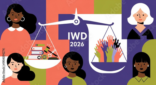 Women's equality concept with scale and diverse women illustration for International Women's Day