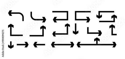 Set of Black Minimalist Angled Arrow Icons - Geometric Directional Pointers for Technical Diagrams, Web Navigation, Logical Flowcharts, and Minimalist UI Design Elements