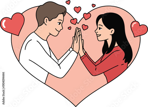 Happy Young Couple in Love Holding Hands with Heart Shapes Vector Illustration - Romantic Relationship Concept