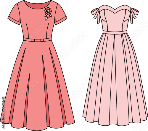 Fashion illustration, pink dresses, elegant gown, coral dress, pleated skirt, sweetheart neckline, belt detail, stylish outfit, clothing design