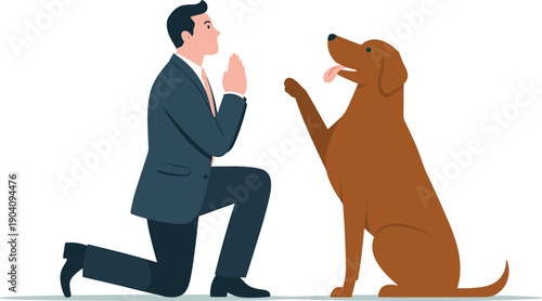 Businessman Kneeling in Prayer or Pleading to Dog Vector Illustration - Animal Therapy and Emotional Bond Concept