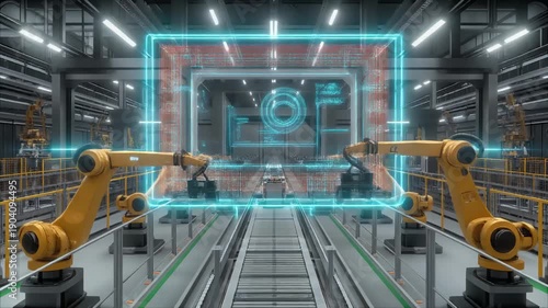 Advanced Technology & AI Profession in Industrial Automation Setting with Robotic Arms and Digital Interface in a Modern Factory Environment from a Central Viewpoint