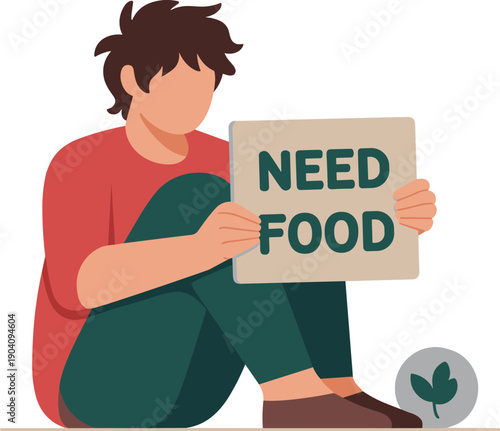 Homeless Young Man Sitting and Holding Need Food Sign Vector Illustration - Poverty and Hunger Concept