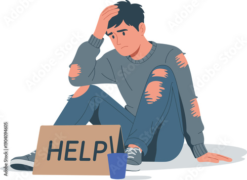 Sad Homeless Young Man Sitting on Ground with Help Sign Vector Illustration