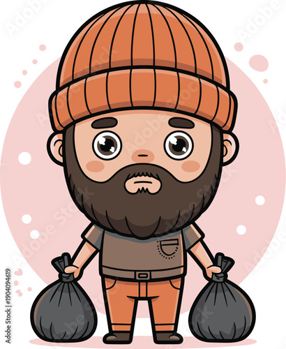 Cute Chibi Man Carrying Trash Bags Vector Illustration - Janitor or Homeless Character Concept