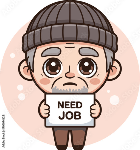 Sad Homeless Elderly Man Character Holding Need Job Sign Vector Illustration