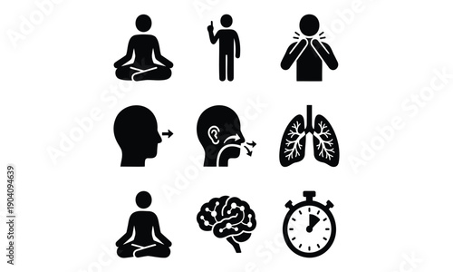 Breathing exercise and meditation vector icon set featuring lungs, yoga pose, brain, timer, and respiratory system symbols for healthcare design.