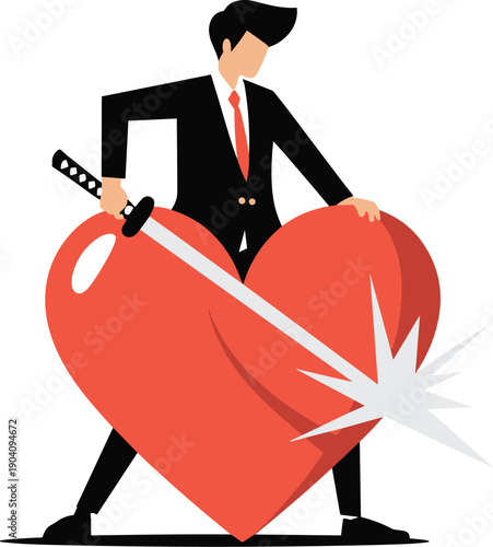 Businessman Piercing a Large Red Heart with a Sword, Concept of Cold-Hearted Corporate Decisions, Emotional Detachment in Business, Betrayal, and Heartbreak Vector Illustration