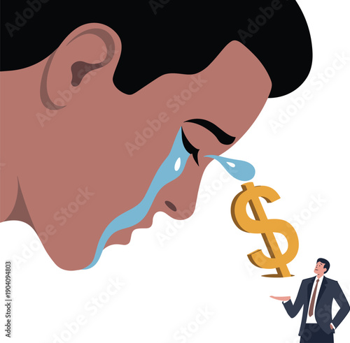 Giant Crying Face with Tears Turning into a Dollar Sign for a  Exploitative Business Practices, Emotional Monetization, and the Human Cost of Wealth Vector Illustration