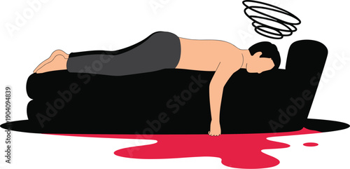 Man Lying Face Down on a Sofa with a Swirling Thought Cloud and Red Liquid Spilling, Concept of Mental Exhaustion, Severe Burnout, Depression, and Emotional Pain Vector Illustration