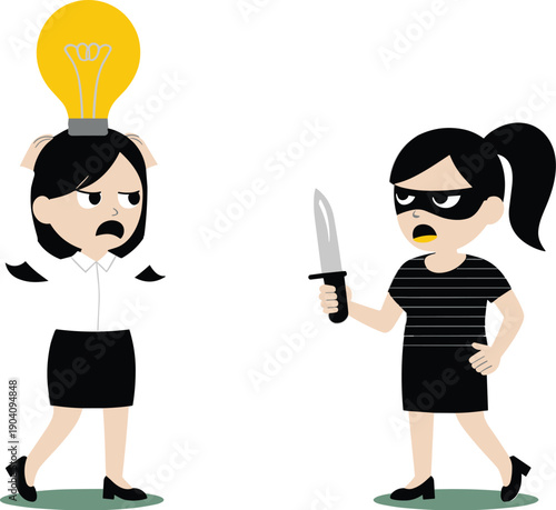 Female Thief with a Knife Stealing a Brilliant Idea from a Creative Businesswoman, Concept of Intellectual Property Theft, Plagiarism, Corporate Espionage, and Competitive Sabotage Vector Illustration