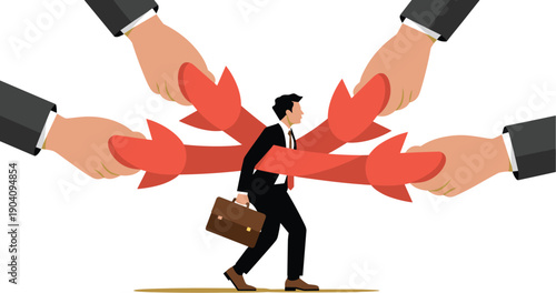 Businessman Being Pulled in Multiple Directions by Giant Overwhelming Workplace Demands, Career indecision, and Corporate Stress Vector Illustration
