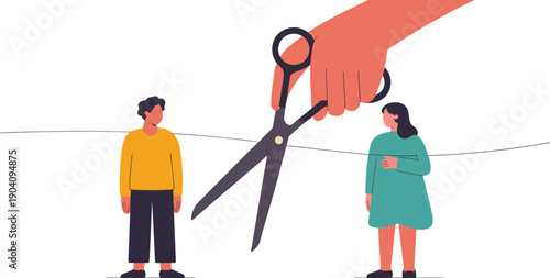 Giant Hand with Scissors Cutting a Connection Wire Between a Man and a Woman, Concept of Broken Relationships, Social Separation, Conflict Resolution, and Disconnecting People Vector Illustration