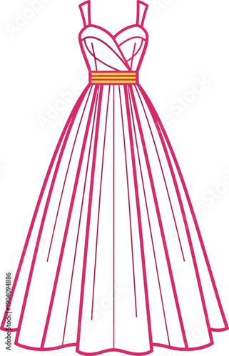 Formal dress illustration, sweetheart neckline, pleated skirt, yellow waist band, pink outline, elegant gown, fashion design, stylish apparel