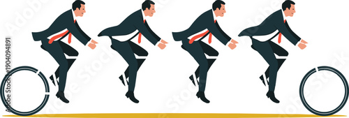 Group of Businessmen Riding a Tandem Bicycle Together, Concept of Corporate Teamwork, Collaborative Effort, Business Partnership, and Synchronized Team Goal Vector Illustration